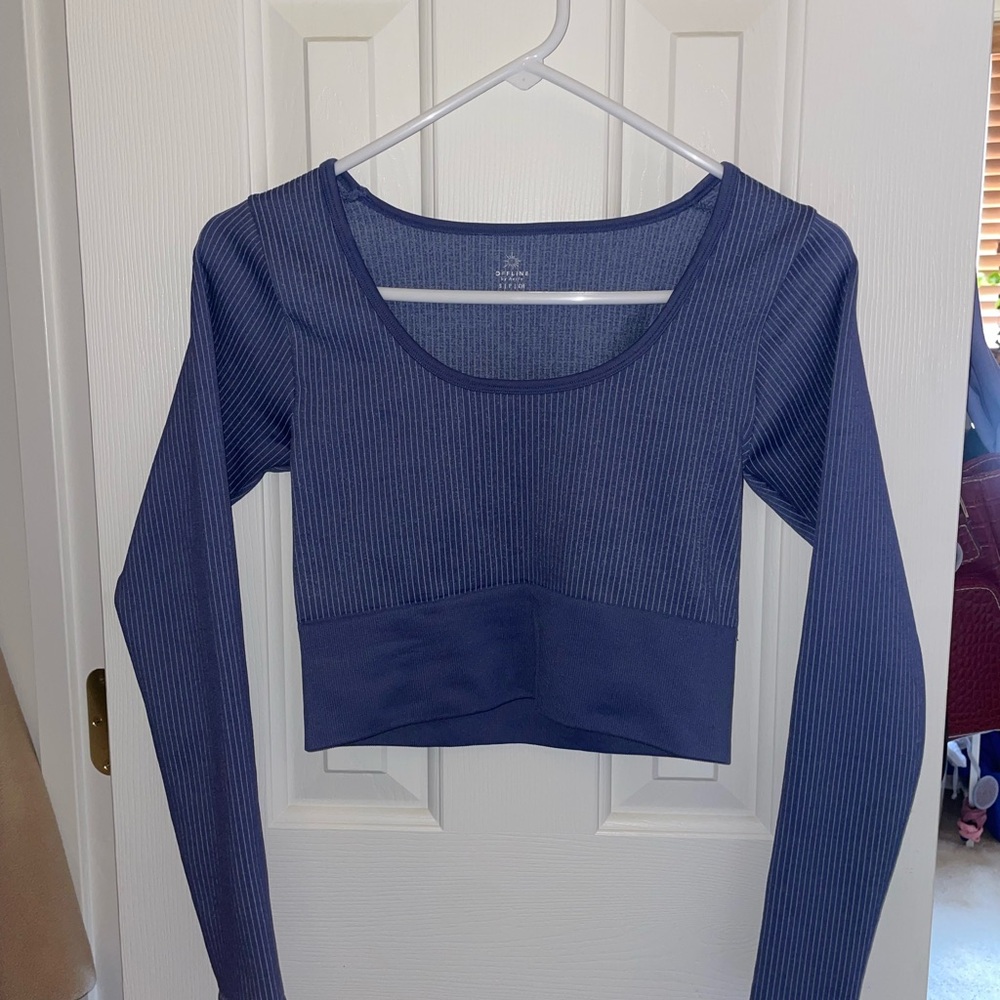 Aerie Blue Long Sleeve Fitted Crop Workout Top